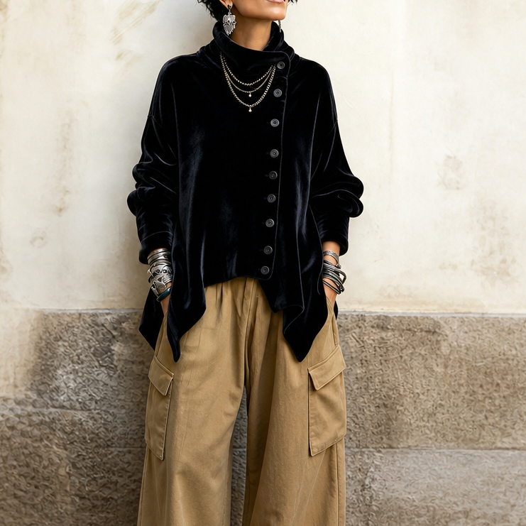 Black asymmetric velvet turtleneck top with button-front and long sleeves