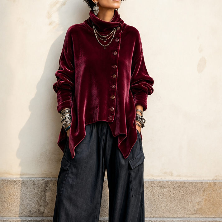 Burgundy asymmetric velvet turtleneck top with button-front and long sleeves
