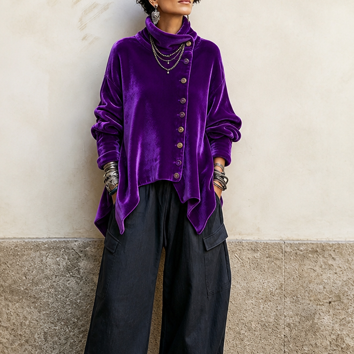 Purple asymmetric velvet turtleneck top with button-front and long sleeves