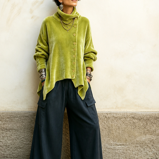 Green asymmetric velvet turtleneck top with button-front and long sleeves