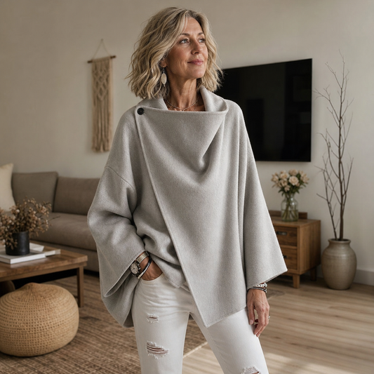 Grey asymmetric wrap cape jacket with shoulder button and draped cowl neck.