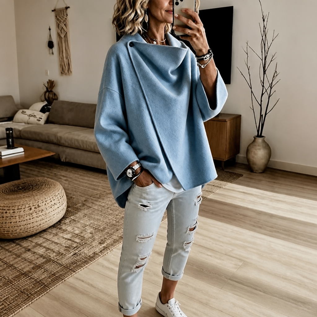 Asymmetric Button Wrap Cape Jacket