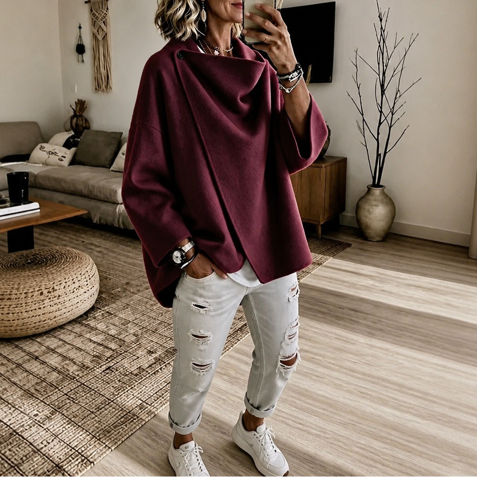 Asymmetric Button Wrap Cape Jacket