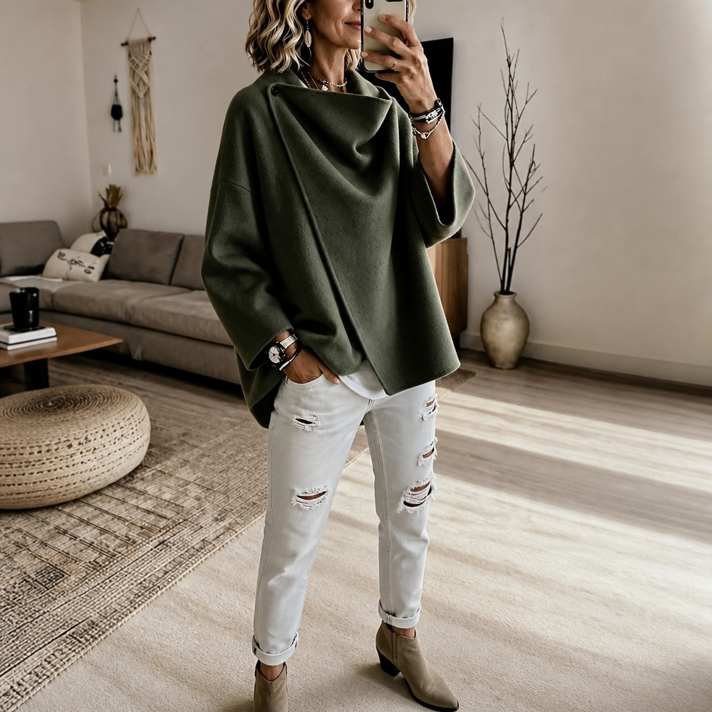 Asymmetric Button Wrap Cape Jacket
