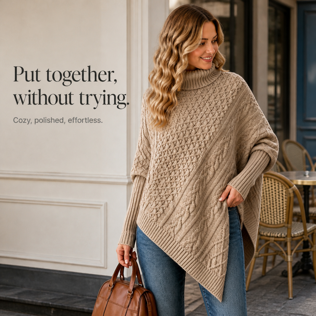 Taupe asymmetrical cable-knit turtleneck poncho with angled front and ribbed cuffs