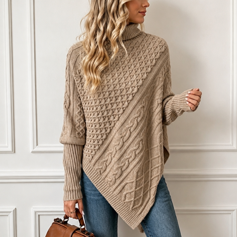 Taupe asymmetric cable-knit turtleneck poncho with long sleeves and draped diagonal panel