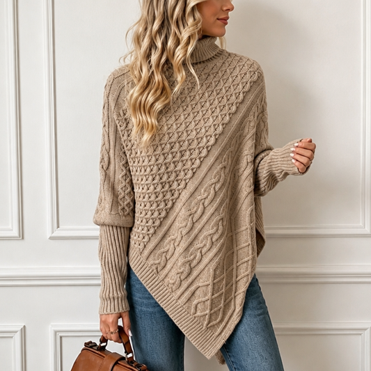 Taupe asymmetric cable-knit turtleneck poncho with long sleeves and draped diagonal panel