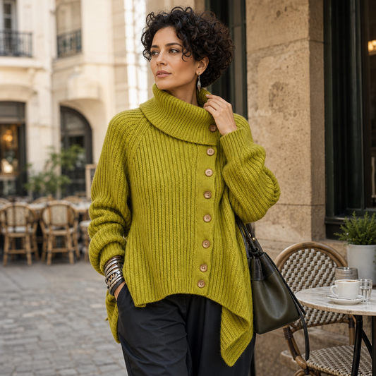 Chartreuse green high-neck knit sweater with vertical button placket and ribbed cuffs