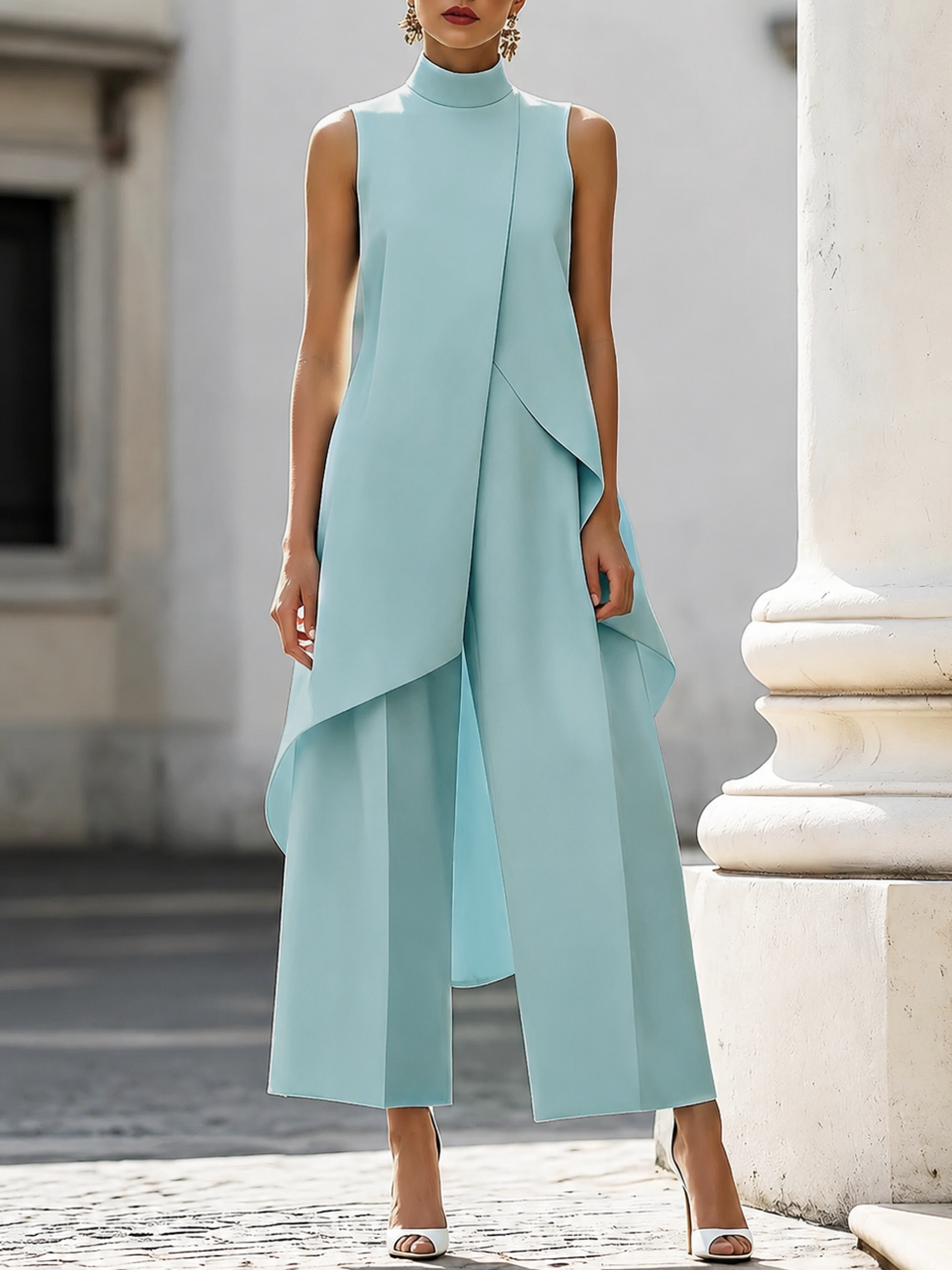Sky blue sleeveless asymmetric top with draped overlay and wide-leg pants