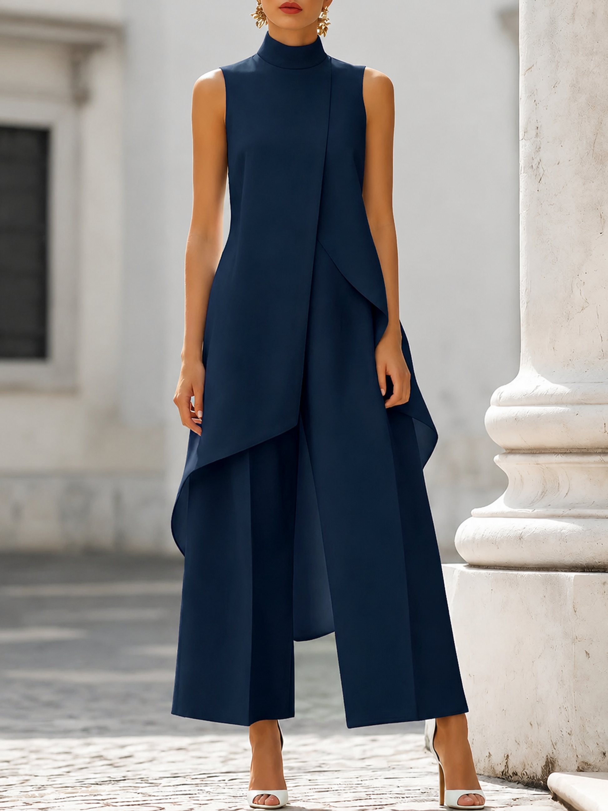 Navy blue sleeveless asymmetric top with draped side overlay and wide-leg pants