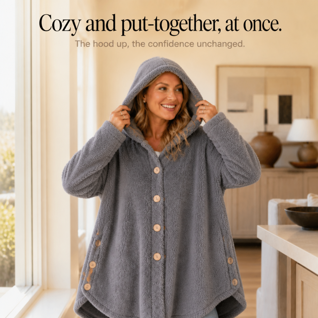 Dark grey hooded fleece coat with asymmetrical button front and long sleeves