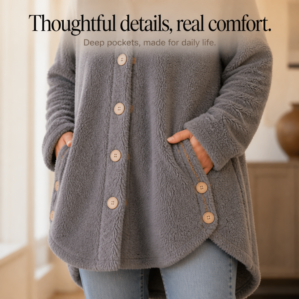 Dark grey hooded fleece coat with button placket and side pockets