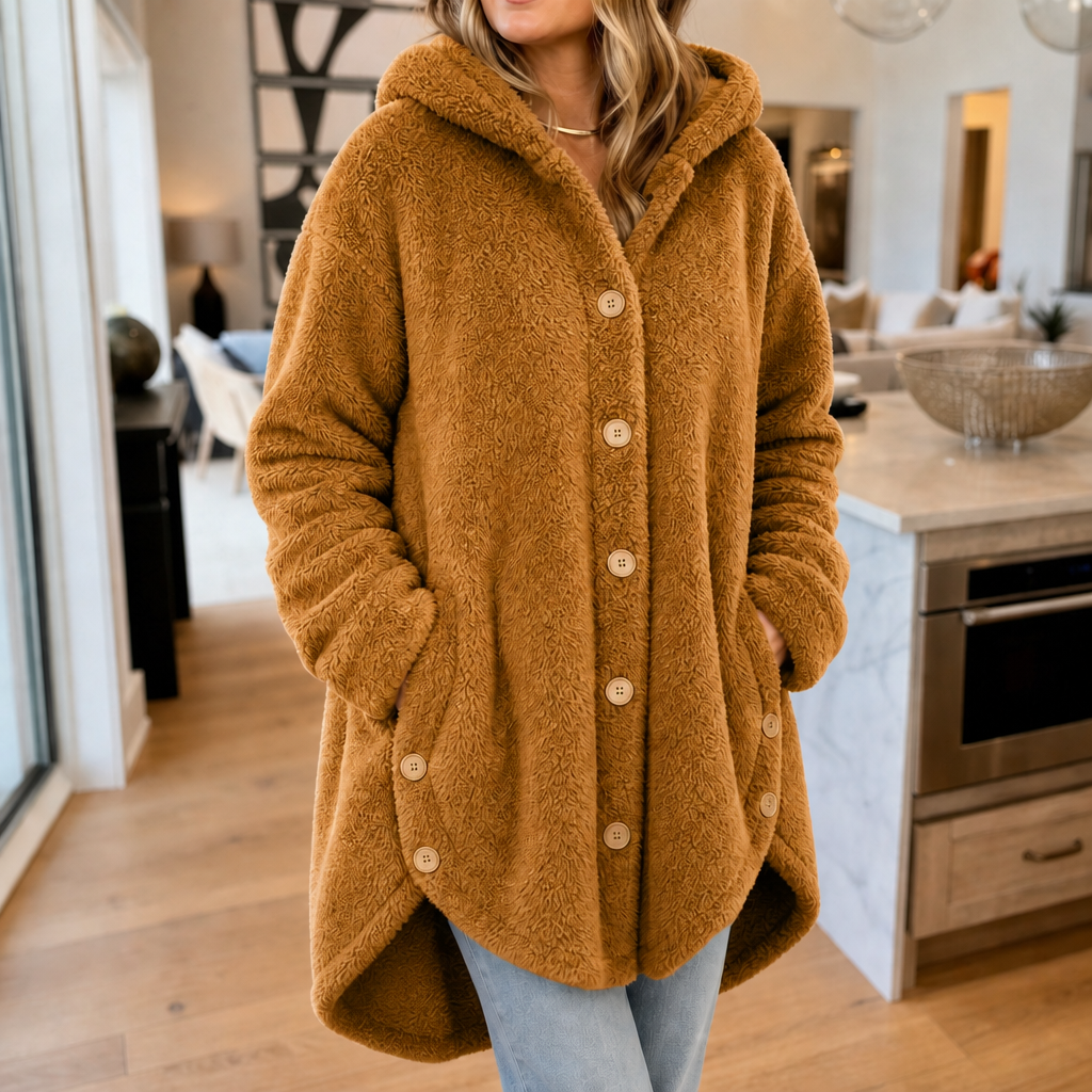 Ginger yellow hooded fleece coat with button-front closure and side pockets