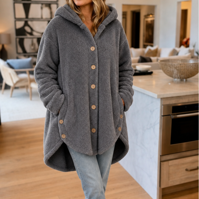 Dark grey hooded fleece coat with button-front closure and draped asymmetrical hem