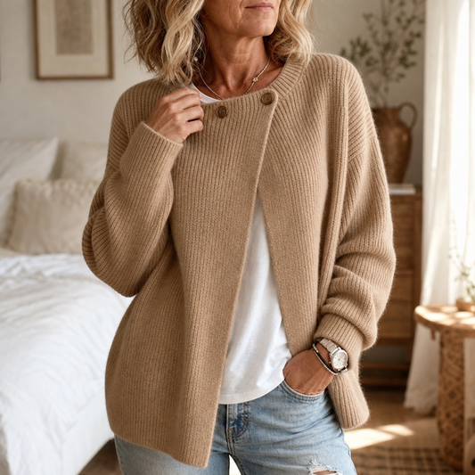 Asymmetrical Neck Ribbed Button Cardigan