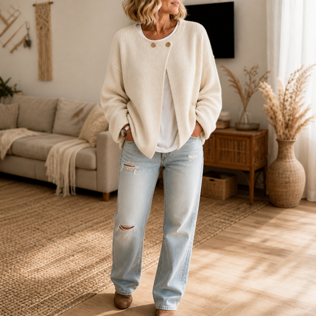 Asymmetrical Neck Ribbed Button Cardigan