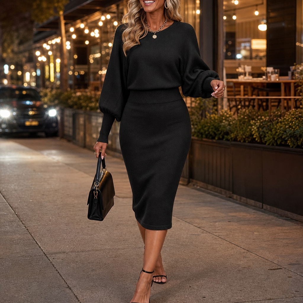 Black knit two-piece dress set with bat-sleeve top and pencil midi skirt