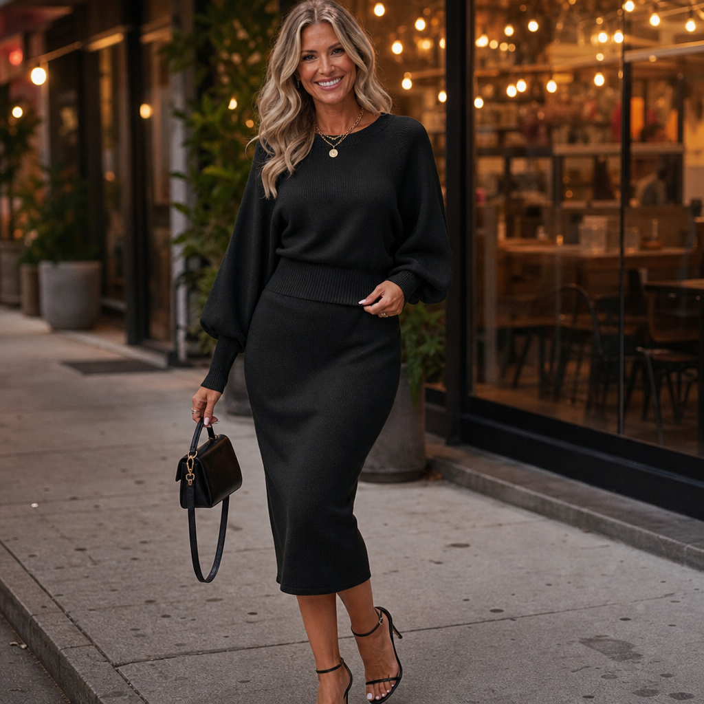 Black knit wrap-style top with bat sleeves and fitted midi pencil skirt set