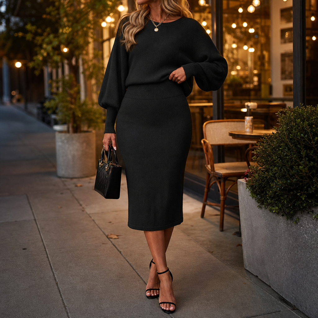 Black knit bat-sleeve dress set with fitted midi pencil skirt and long sleeves