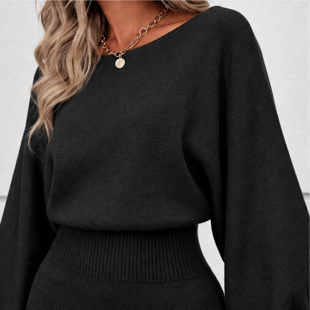 Black knit bat-sleeve top neckline and ribbed waist band detail