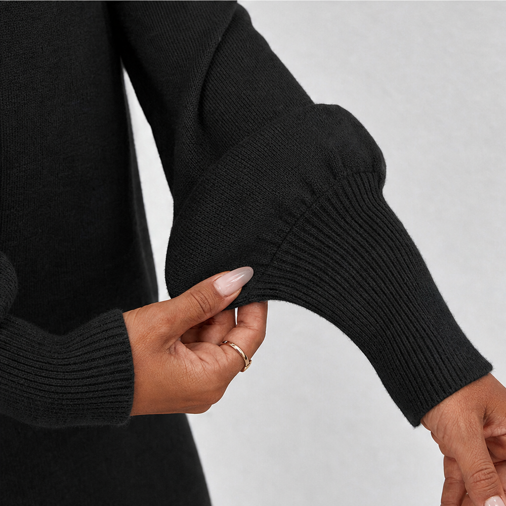 Dark knit wrap dress set with batwing sleeves and ribbed cuffs, matching midi skirt