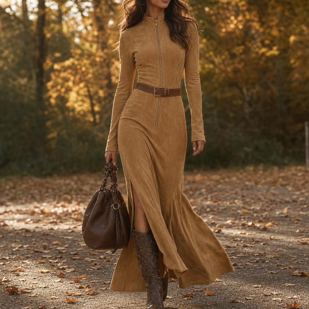Camel belted fishtail maxi dress with front zip, long sleeves, deep side slit.