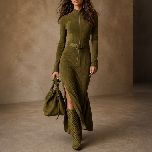 Olive belted fishtail maxi dress with front zipper and long sleeves, side slit.