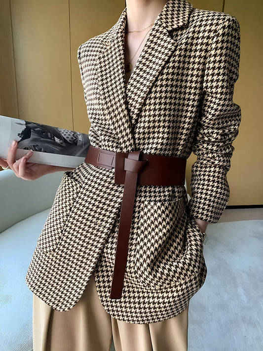 Belted houndstooth blazer with front buttons and belted waist, split hem