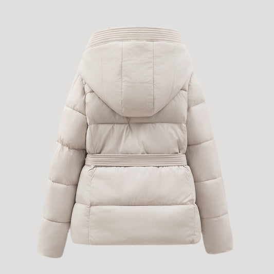 Beige belted puffer jacket with hood, rear view, and ribbed waist elastic