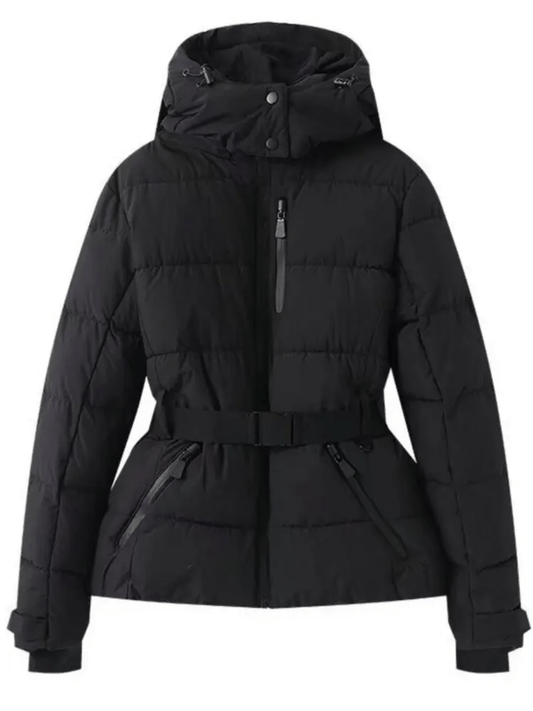 Black belted puffer ski jacket with hood, center front zipper, and adjustable waist belt