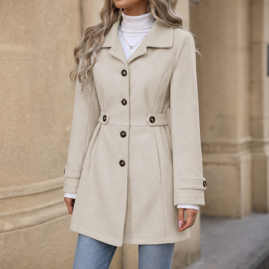 Beige belted tailored trench coat with double-breasted buttons and cuffed sleeves