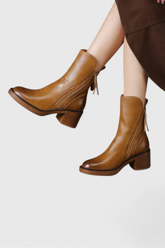 Brown ankle boots with rear zipper, block heel, and lace pull tab