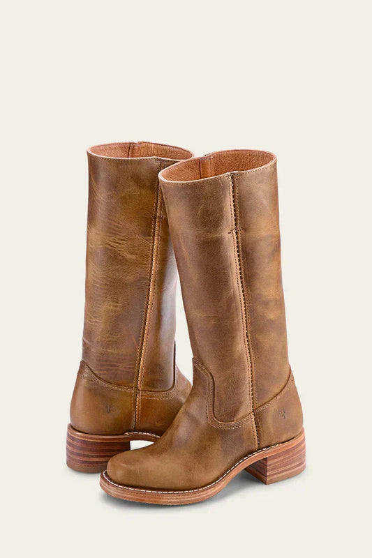 Brown mid-calf block-heel boots with rounded toe and pull-tab style cuff.