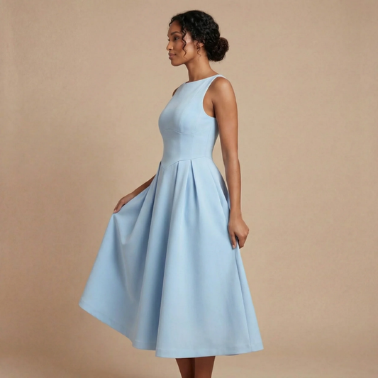 Light blue boat-neck fit-and-flare midi dress with gathered skirt and sleeveless bodice.