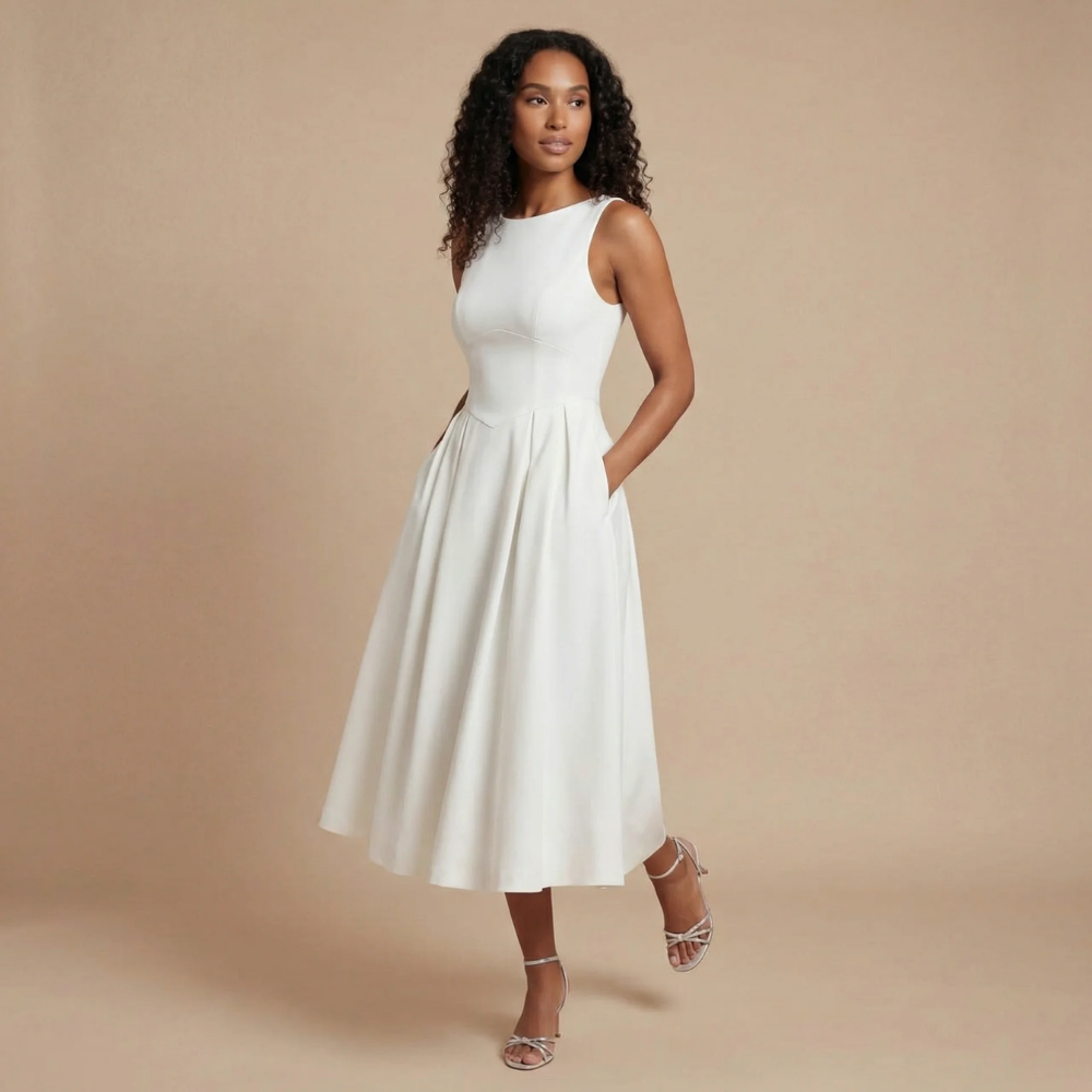 White boat-neck fit-and-flare midi dress with sleeveless bodice and gathered skirt.