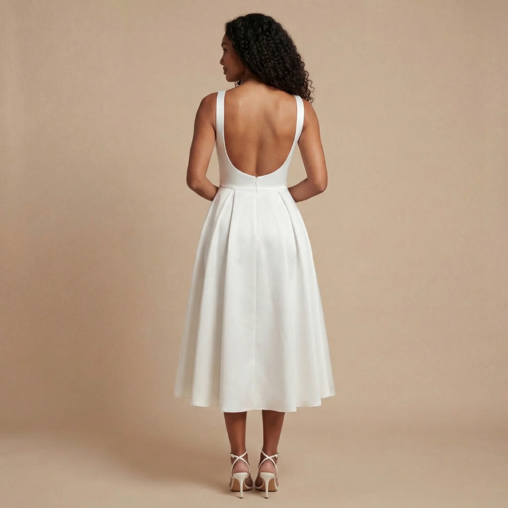 White fit-and-flare midi dress back view with open-back straps and gathered skirt.