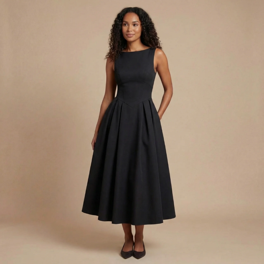 Black sleeveless fit-and-flare midi dress with boat-neck style and gathered skirt.