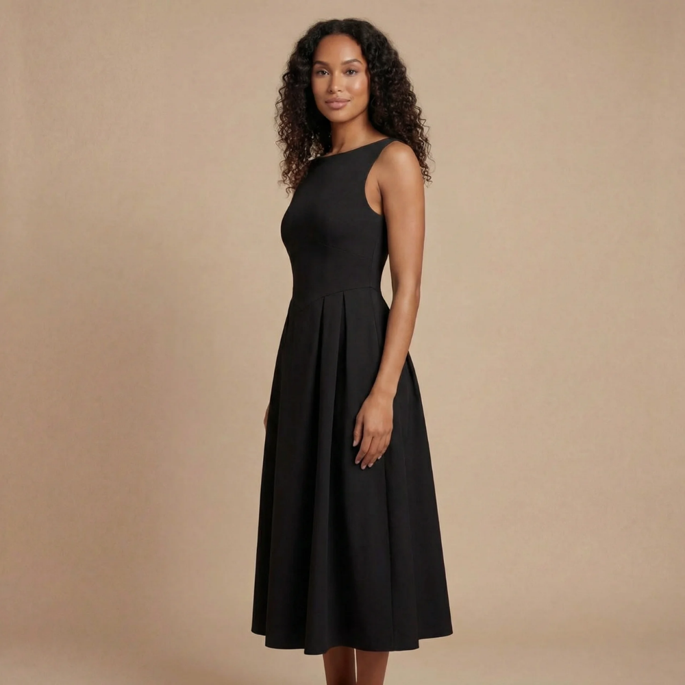 Black sleeveless fit-and-flare midi dress with simple neckline and full gathered skirt.