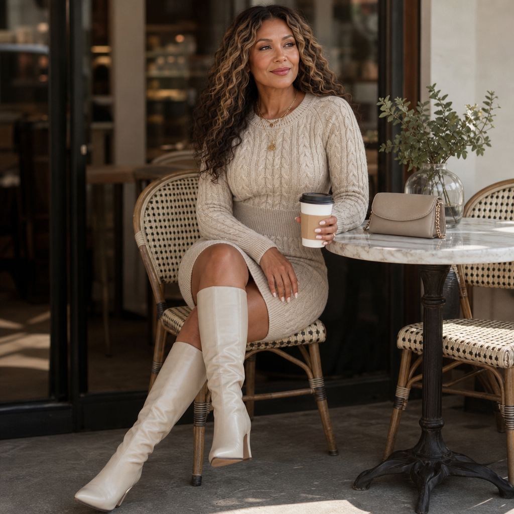 Cream cable-knit bodycon mini dress with long sleeves and ribbed neckline