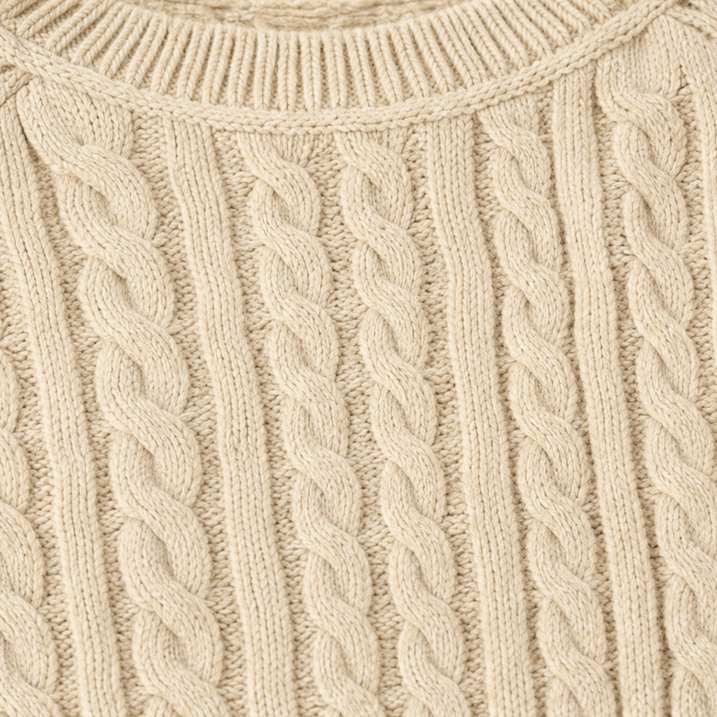 Close-up of cream cable-knit pattern on the bodice of a mini dress