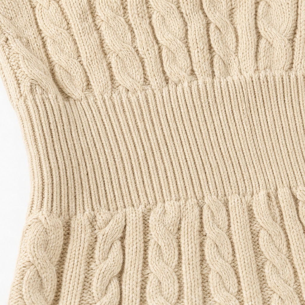 Close-up of cream knit texture and cable stitches on a mini dress