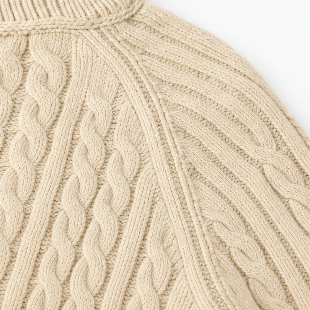 Close-up of cream cable-knit panel detail on a fitted mini dress