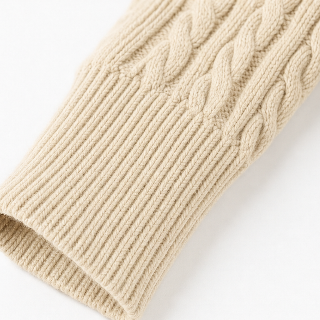 Close-up of cream knit cuff and sleeve hem on a mini dress