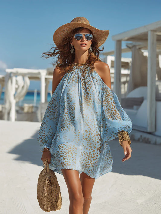 Blue leopard-print cold-shoulder mini dress with balloon sleeves, halter neckline