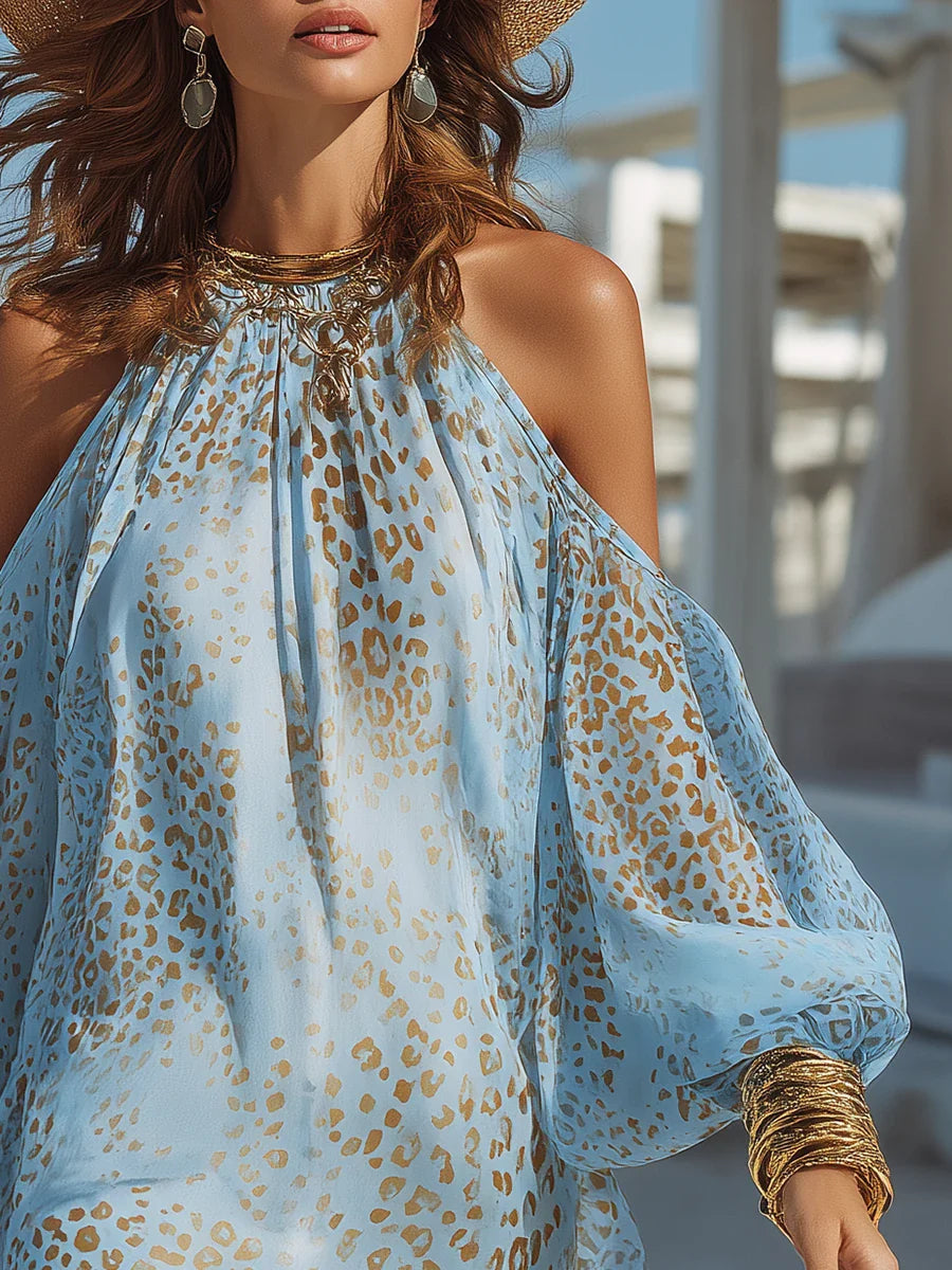 Blue leopard-print cold-shoulder mini dress with balloon sleeves, gathered halter neckline