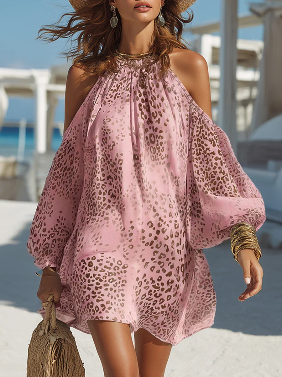 Pink leopard-print cold-shoulder mini dress with balloon sleeves, halter neckline