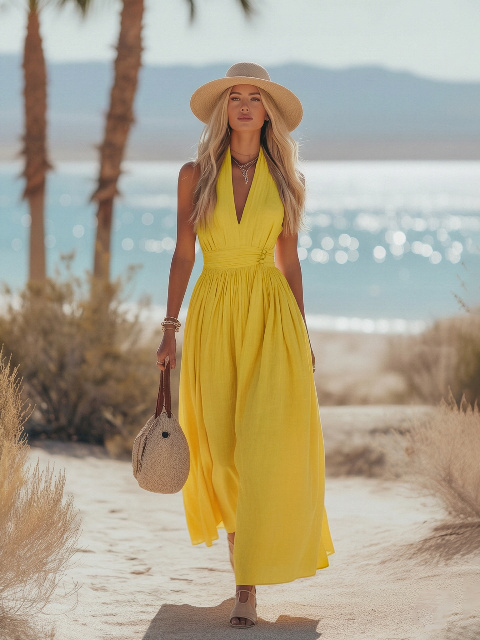 Yellow halter V-neck linen dress with gathered waist and airy pleated skirt