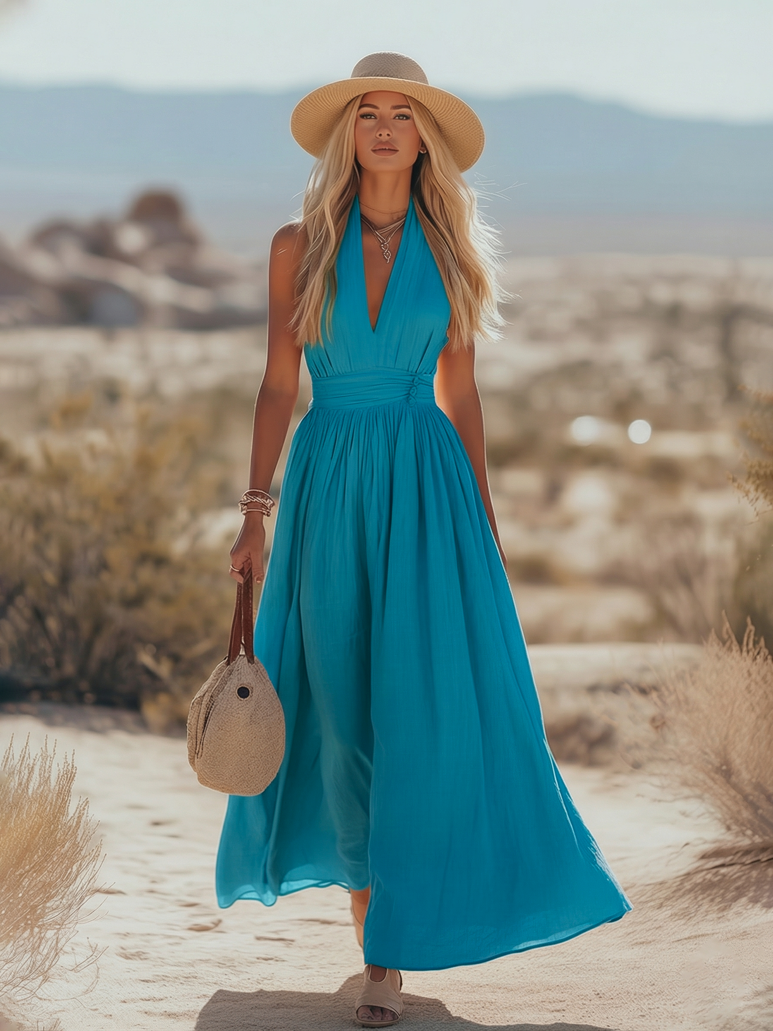 Teal halter V-neck linen dress with gathered waist and long flowing pleated skirt
