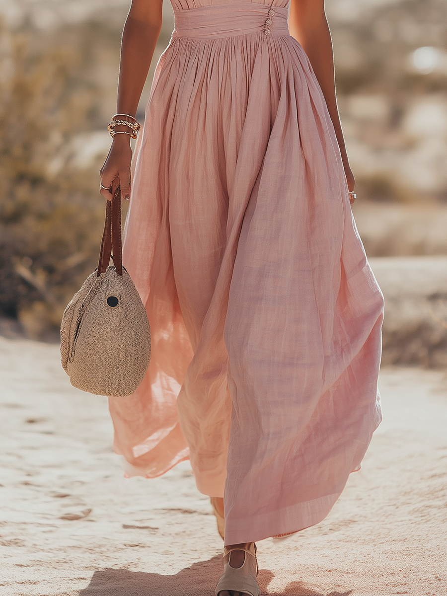 Pink halter V-neck linen dress with gathered waist and billowy pleated skirt