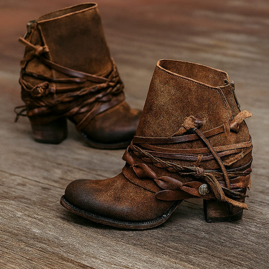 Boho wrap-strap block heel ankle boots in brown suede with ruffled wrap straps